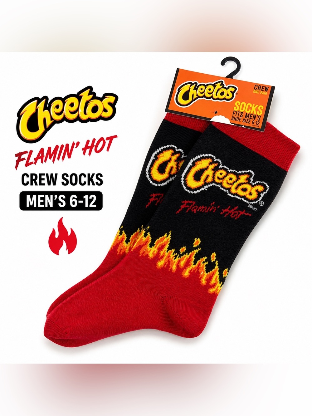 Cheetos Flamin Hot Crew Socks Red Black Graphic Novelty Unisex Men 6-12